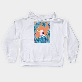 Cockatoo with tropical leaves in watercolor and a coral background Kids Hoodie